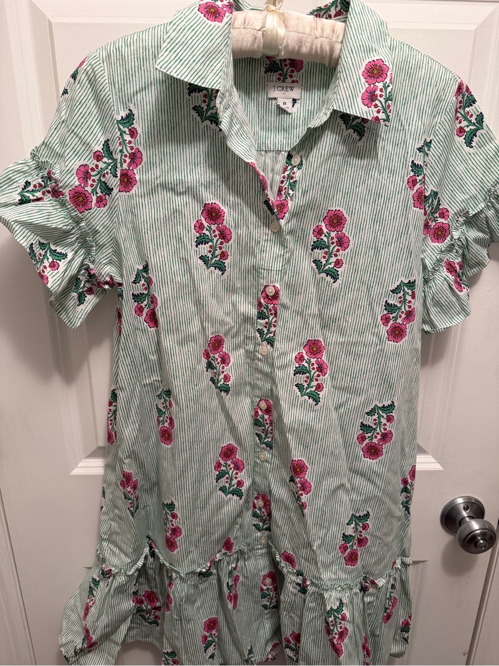 J. Crew Mint Striped Button-Down Dress with Pink Floral Print